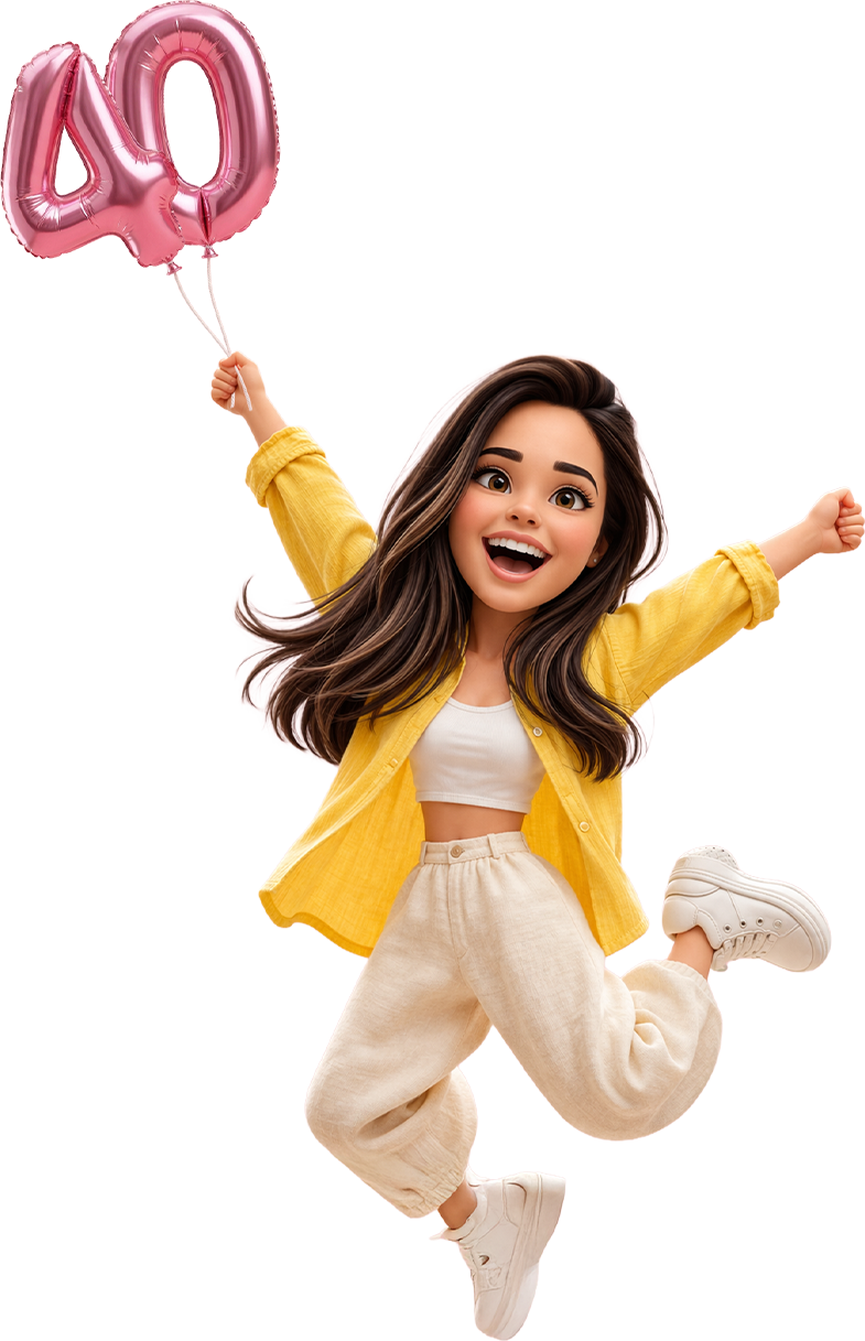 Ilustração da aniversariante segurando balões com o número 40